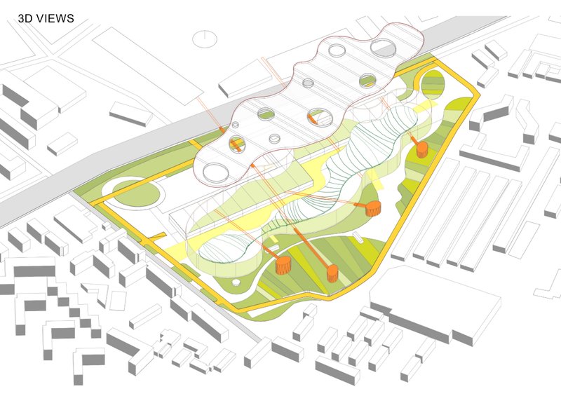 Conceptual visualization of the landscape merging with the built form.