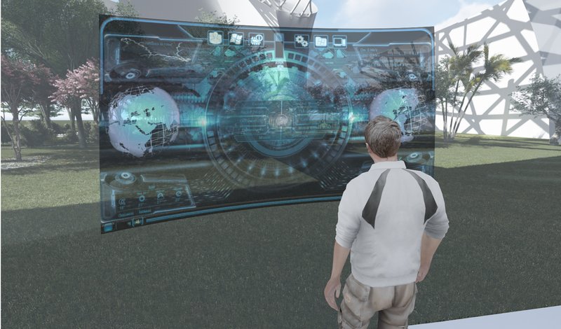 Futuristic outdoor interface blending nature with digital collaboration.