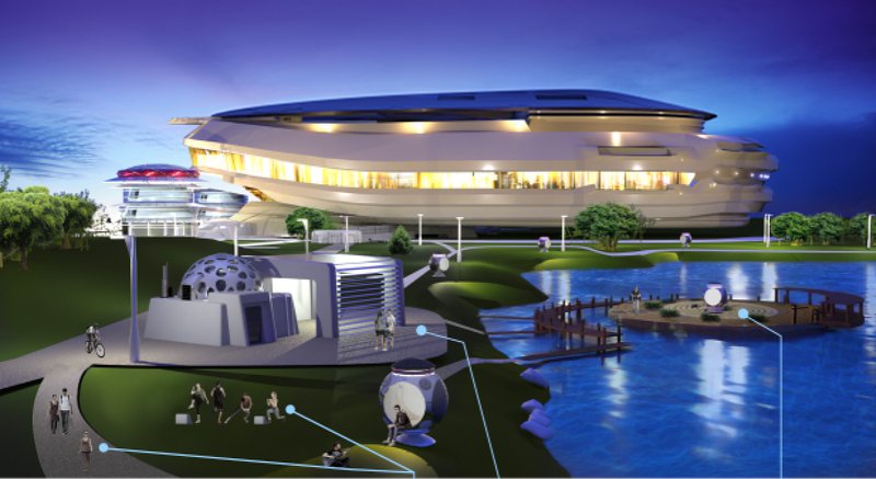 Futuristic smart architecture meets nature, creating spaces for collaboration and leisure at Vi2.