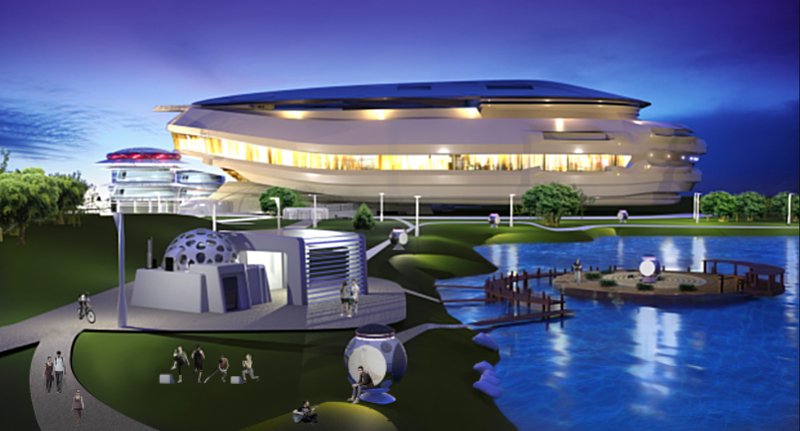 Illuminated architecture showcasing Vi2 as a sustainable, future-ready smart city hub.