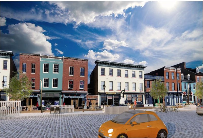 Bloc modules enhancing a vibrant streetscape with seating and bike-friendly zones.