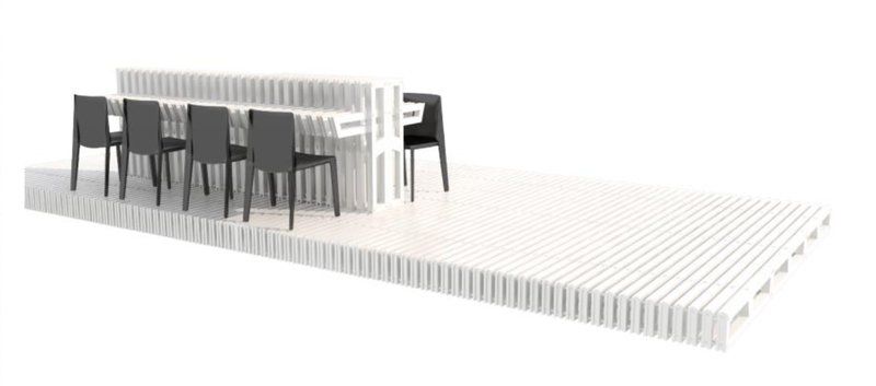Bloc arranged as long seating with tables for social gatherings.