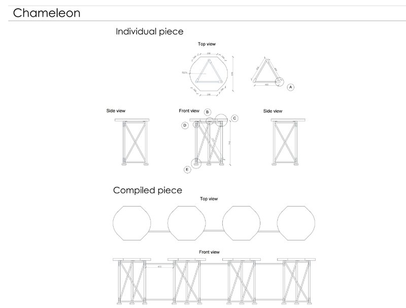 Showcasing top, side, and front views of individual and compiled pieces.