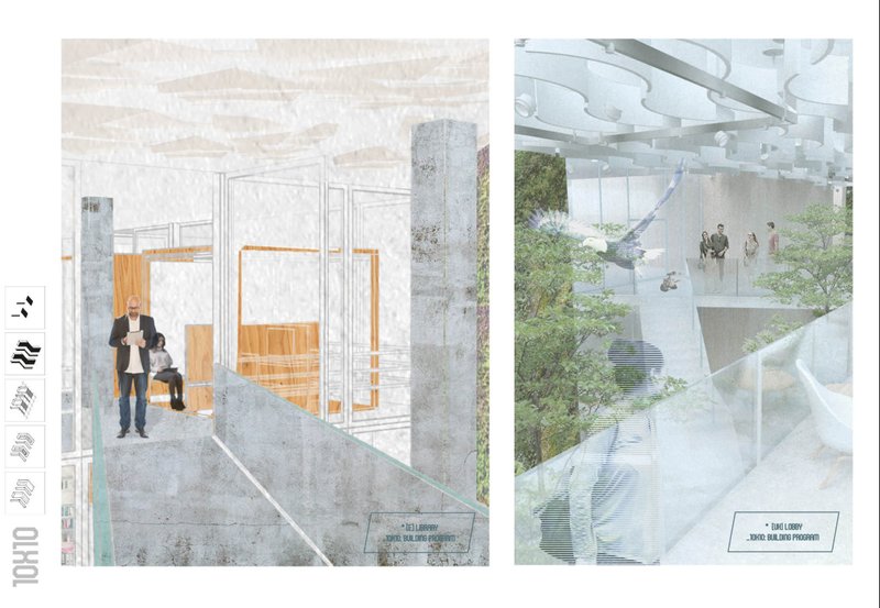 Interior views of the library and lobby, blending nature and community within vertical architecture.