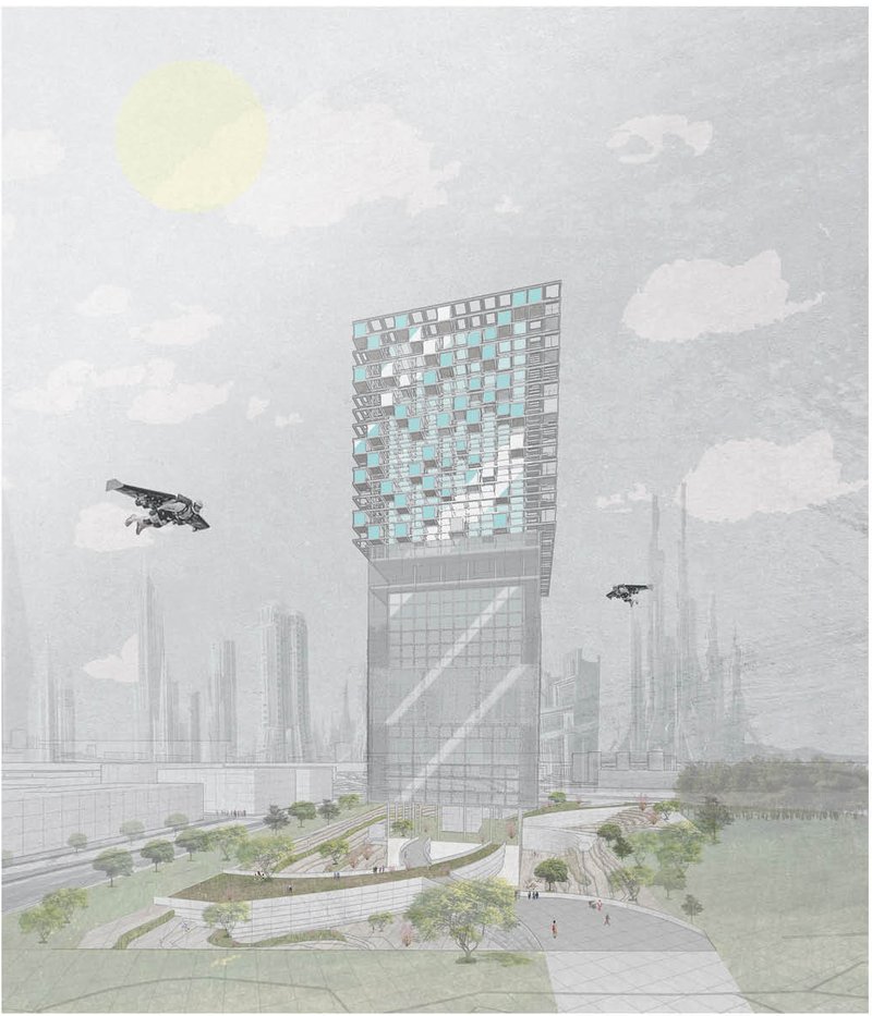 Futuristic rendering of the 10x10 Future Factory rising above the urban landscape.