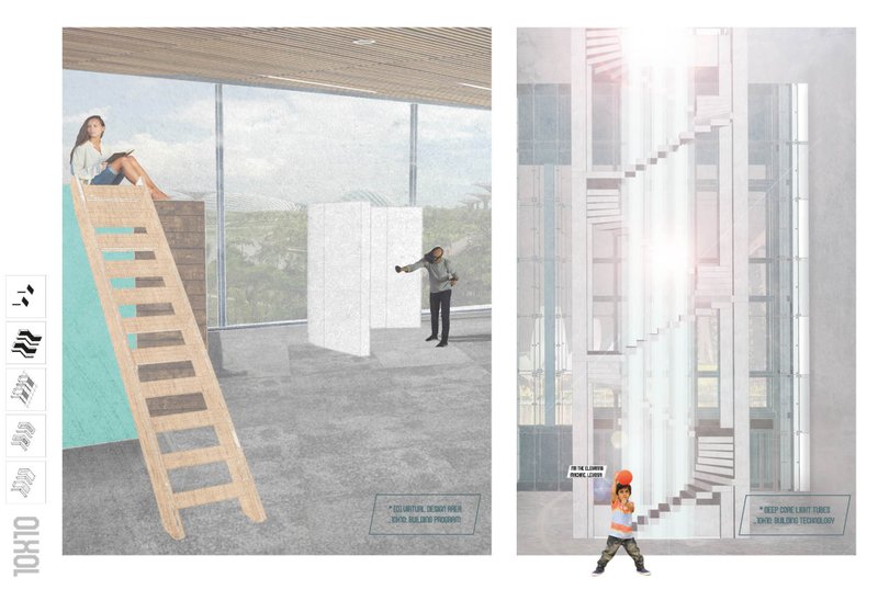 Visual of modular living space alongside vertical light tube integration.
