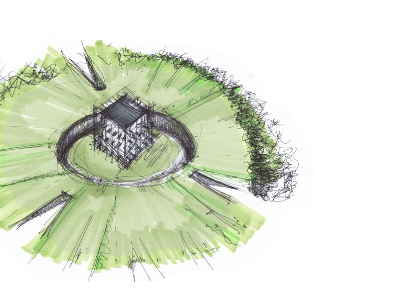 Early design sketch illustrating the cube within a circular green landscape.