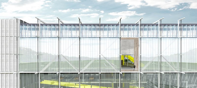 Transparent architecture showcasing the cube structure and sustainable design elements.