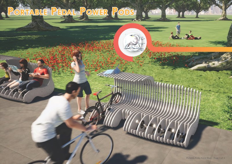 Multifunctional urban furniture blending seating, cycling, and renewable energy.