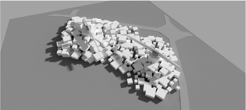 Clustered modular volumes forming a futuristic urban workspace layout.