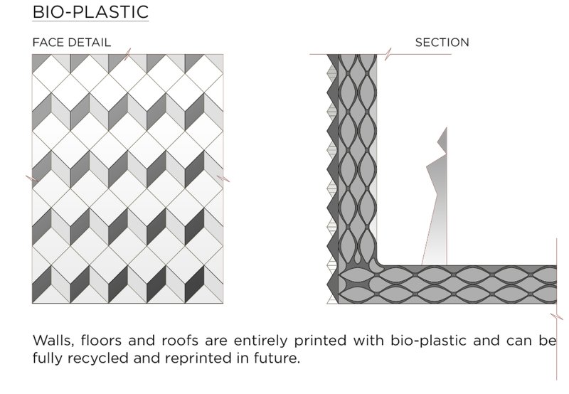 Recyclable 3D-printed wall and floor system showcasing sustainable architectural materials.