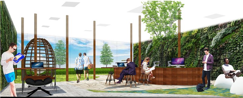 Vertical gardens, rooftop greenery, and waterfall features redefine sustainable office design.