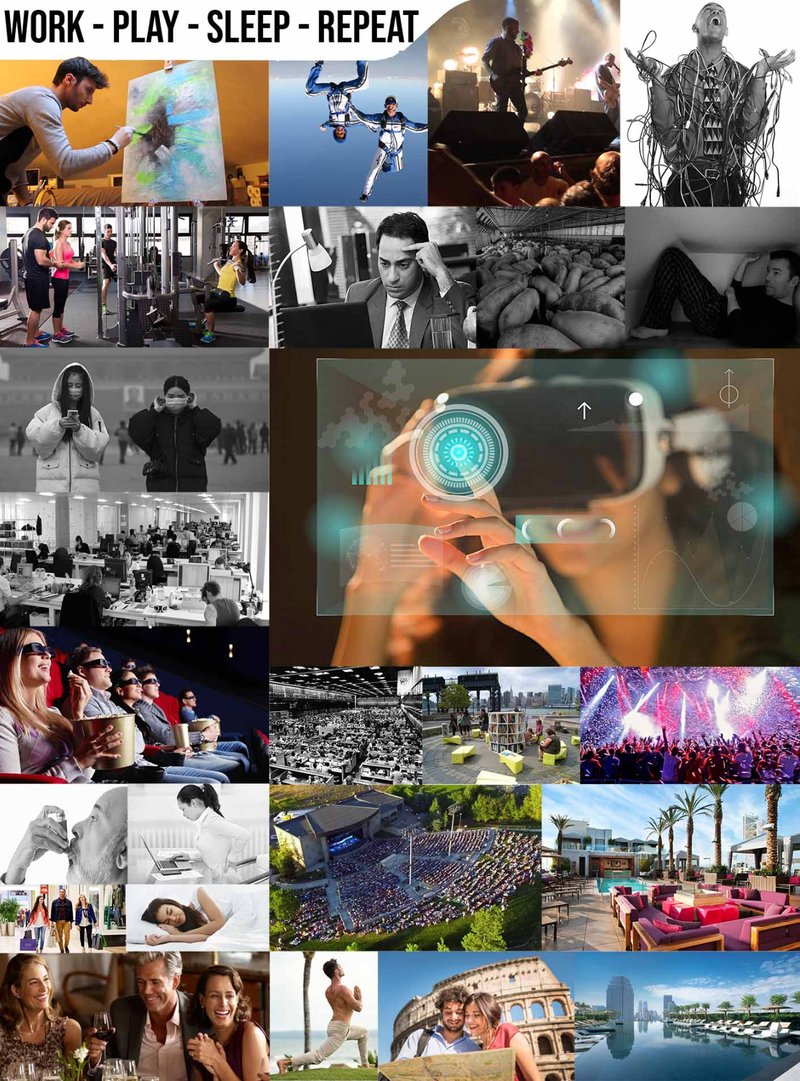 Collage of lifestyle images showing work, play, sleep, and repeat activities across multiple scenes