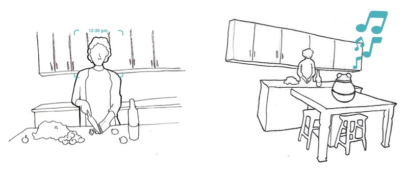 Ami enriches routine activities like cooking with music, reminders, and interactive sensory prompts.