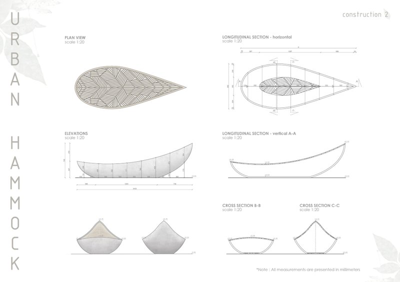 Detailed architectural plans and sections of the Urban Hammock showcasing its fluid form and precision.