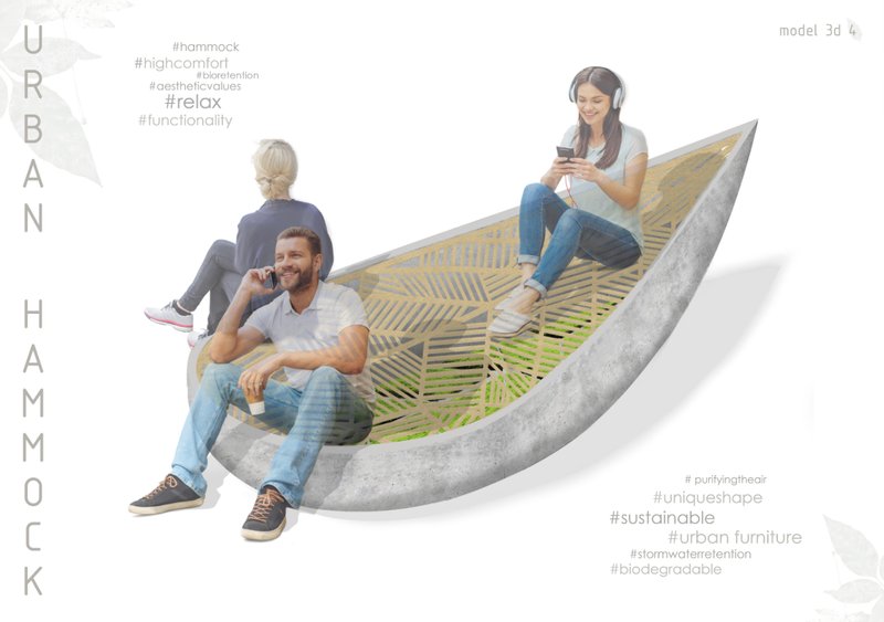 A multifunctional bench-hammock inviting relaxation and social interaction in urban public spaces.