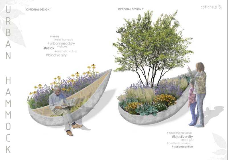Variants with lush meadows and tree pots – transforming city furniture into micro-habitats for biodiversity.