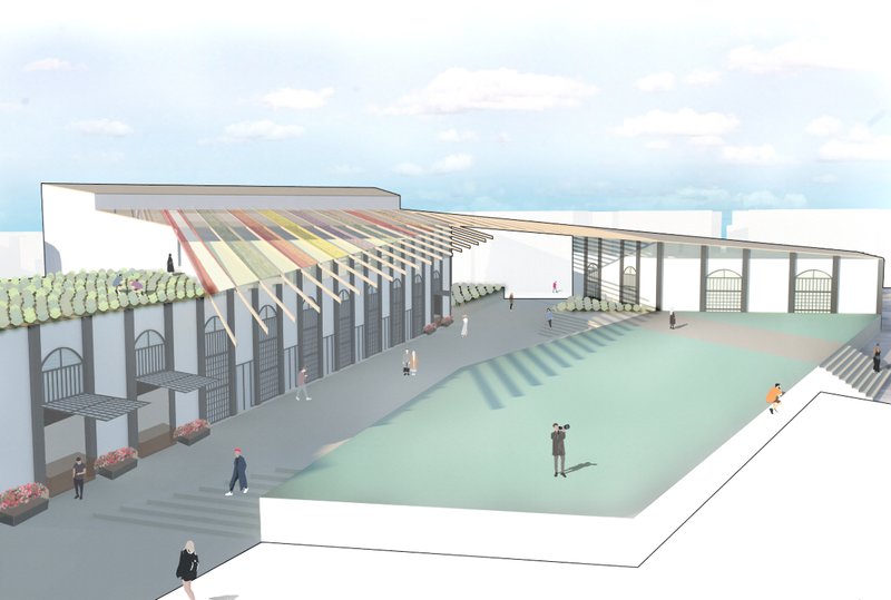 Flexible gathering areas connected with productive rooftops and shaded walkways.