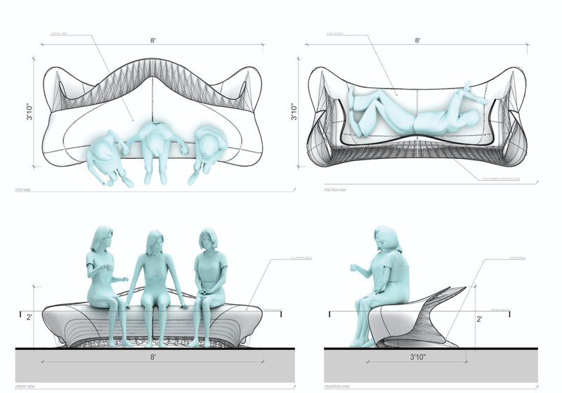 Structural diagrams show seating and shelter configurations in 3D-printed modular forms.