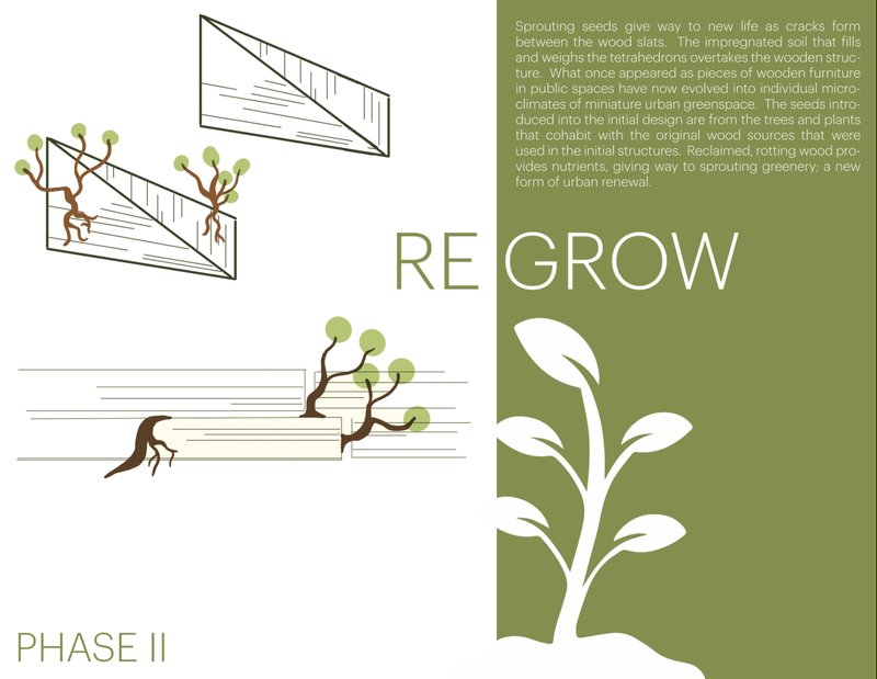 Wooden structures transform into micro-green spaces as nature reclaims the design.