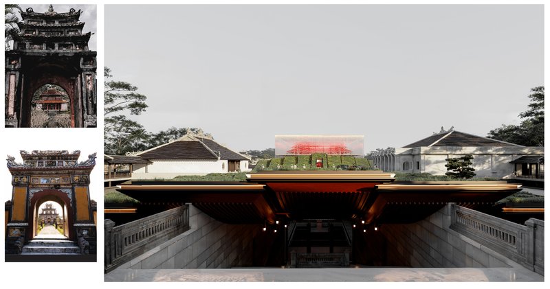 <i>Project view — Opening descent with green roof Reference above: Minh Mang Tomb, first glimpse toward Minh LauReference below: Duc Duc Tomb, first framed opening&nbsp;&nbsp;</i>
