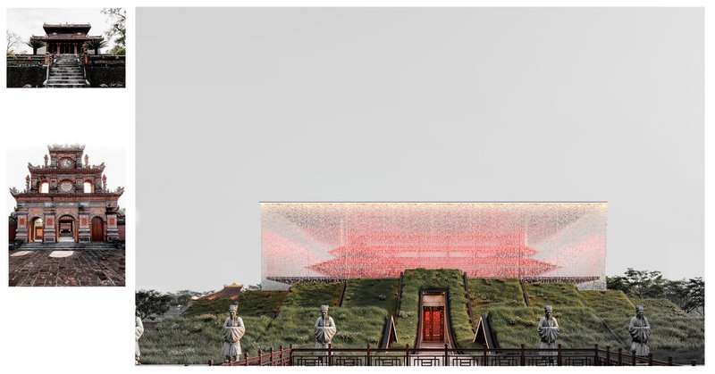 <i>Project view — The glass pavilion in focusReference above: Minh Mang Tomb, Minh Lau elevated as focal point Reference below: Duc Duc Tomb, details in sharp, sacred focus&nbsp;&nbsp;</i>