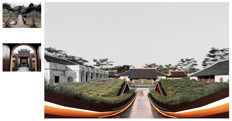 <i>Project view — Returning toward heritage courtReference above: Minh Mang Tomb, modest return viewReference below: Duc Duc Tomb, closing frame with simplicity&nbsp;&nbsp;</i>