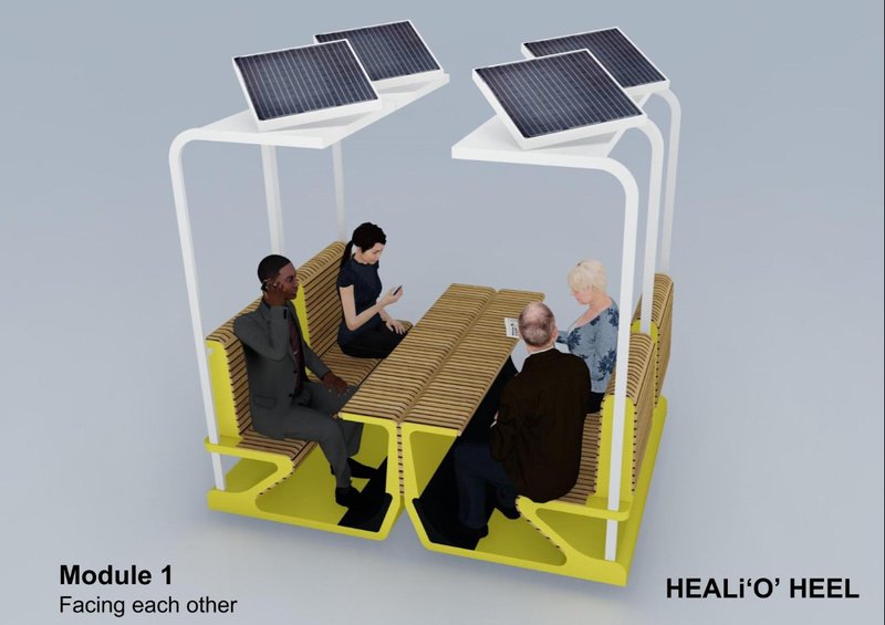 Solar-powered seating that encourages interaction and conversation in public spaces.
