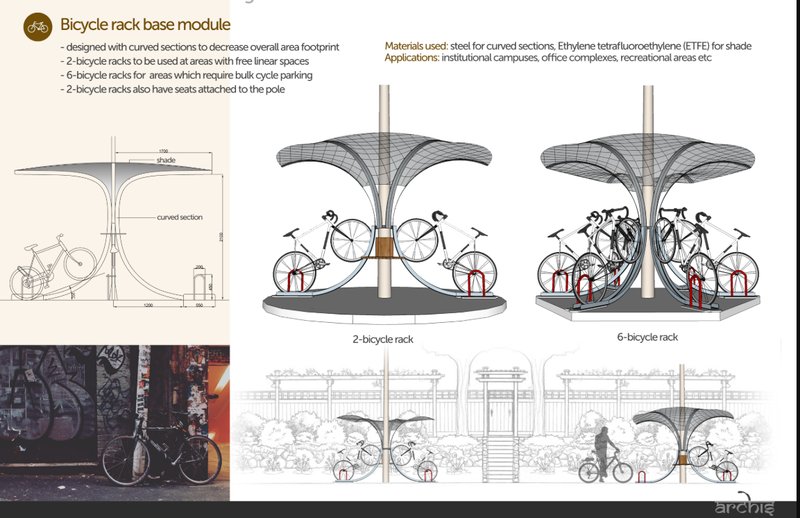 Modular shaded racks for two to six bicycles, promoting sustainable mobility in cities.