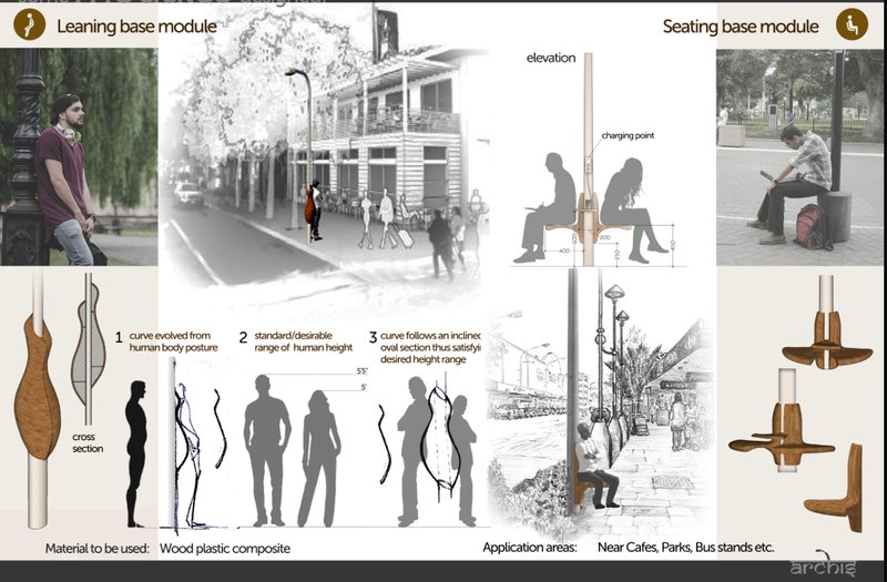 Ergonomic resting and seating options integrated into streetlight poles.