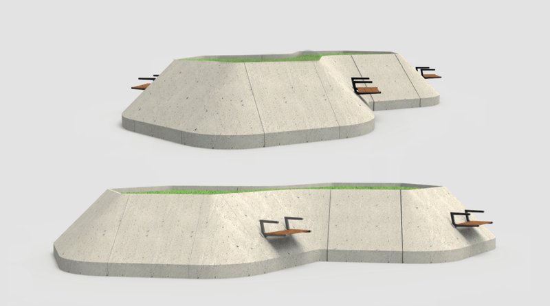 Rendering of two linked concrete plaza modules with grass strips and timber benches