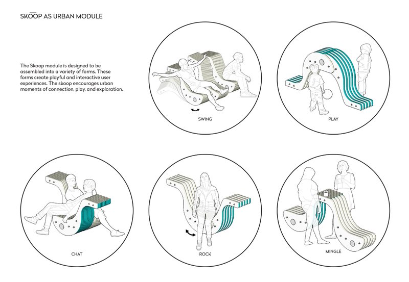 Playful forms of Skoop modules—swing, play, chat, rock, and mingle—encourage interaction, movement, and community connection.