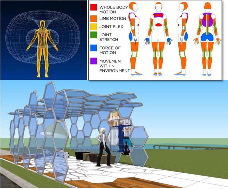 Technology-driven panels guiding movement and health awareness.