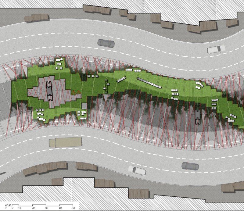 Proposed intervention reclaiming under-flyover space with greenery and modular furniture.