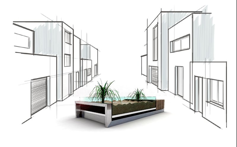 Cantero unit visualized within a sketched streetscape, redefining free urban spaces.
