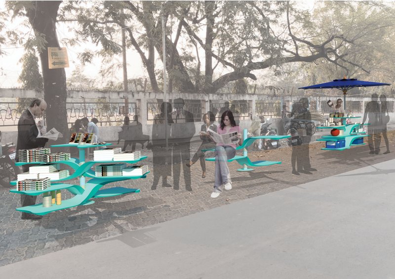 Platforms transforming into stalls and seating to sustain urban life.