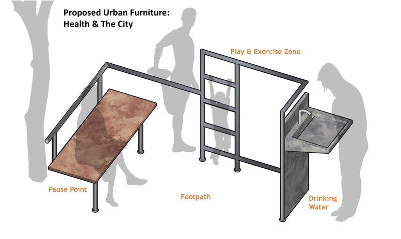 Proposed urban furniture combining seating, exercise, and hydration in a compact design.