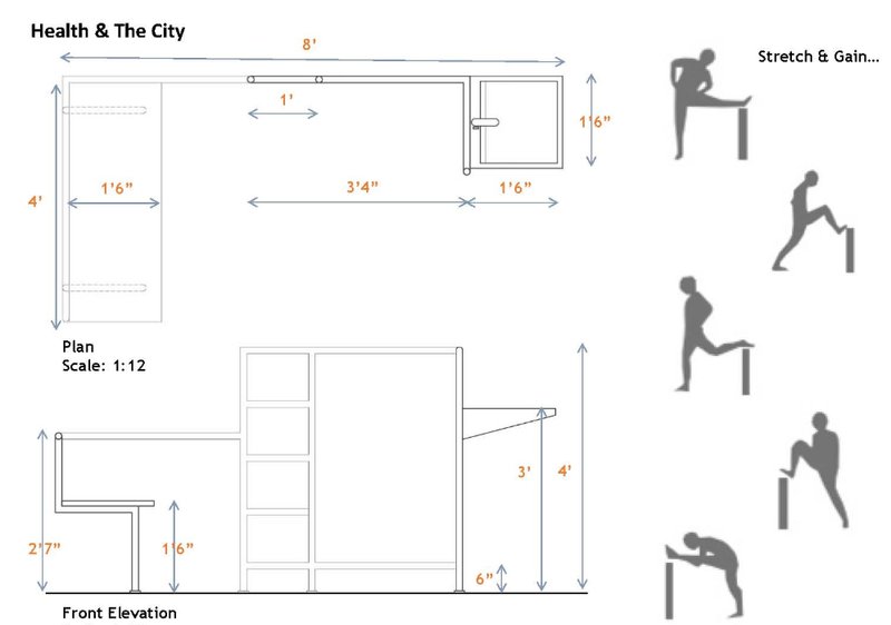 Plan and elevation of the modular urban furniture showcasing exercise and pause points.