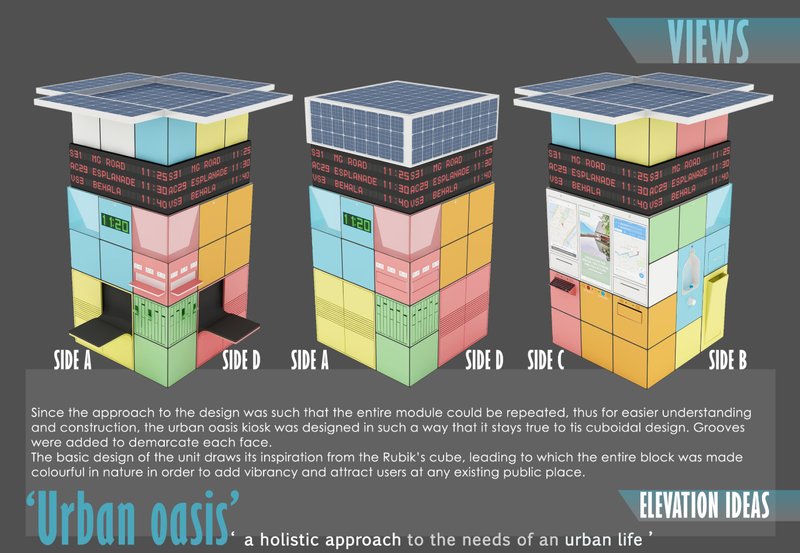 Layered levels integrating seating, utilities, and digital information systems.
