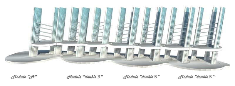 A continuous arrangement of modules forming an architectural urban bench.