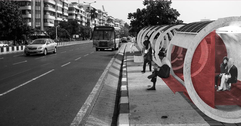 A modular hume pipe structure reimagined as a solar-powered urban bus stop.