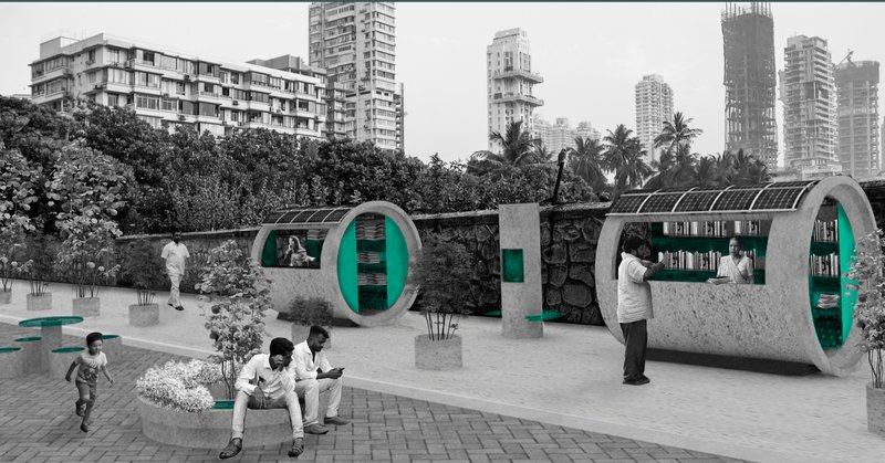 Repurposed hume pipes functioning as library and seating modules in a public promenade.