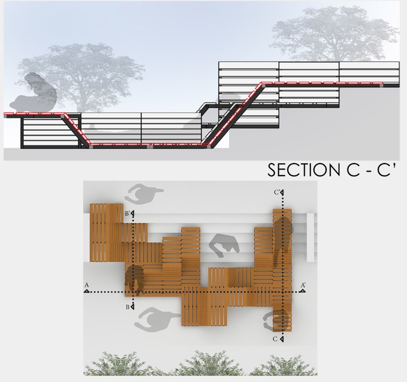 Sectional drawing C–C’ displaying structural adaptability across levels.