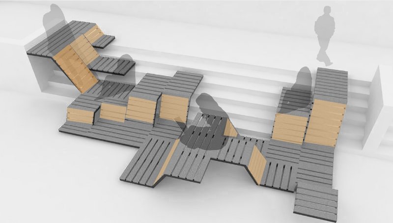 Modular seating system transforming stairs into multifunctional urban furniture.
