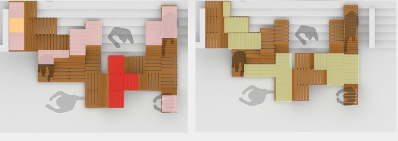 Top-view layout showcasing flexible modular arrangements in varied colors.
