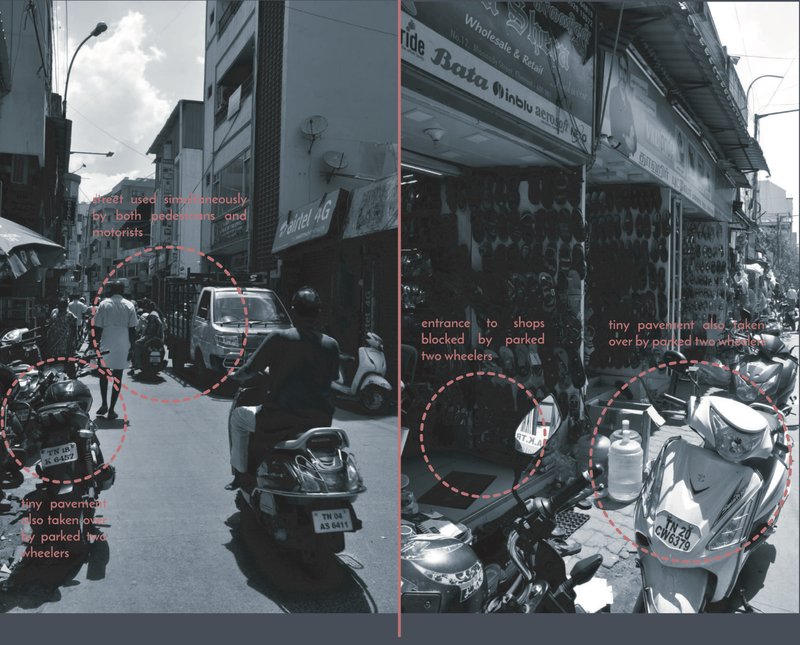 Narrow Chennai streets where pedestrians and vehicles compete for space.