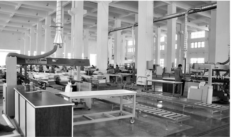Modular shelter components being produced in a prefabrication facility.