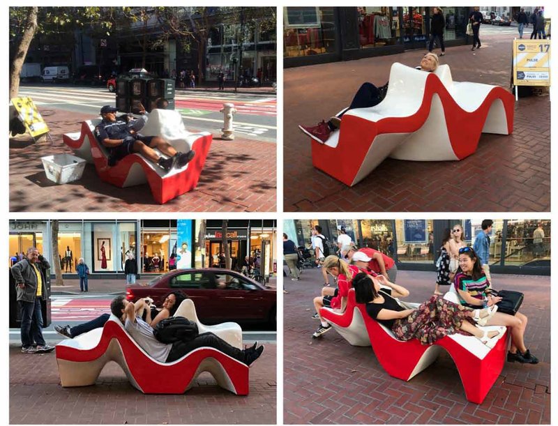 The sculptural seating adapts to lounging, resting, and conversation, creating playful interactions in public space.