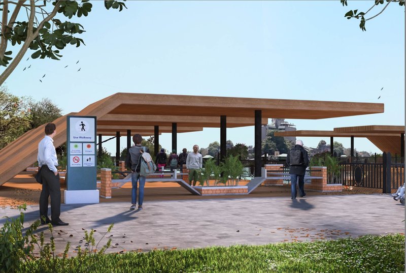 Open walkways and shaded areas create a welcoming urban design for community use.