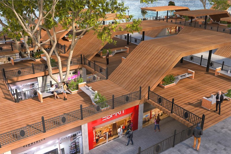Multi-level plazas integrate shops and greenery while preserving existing trees.
